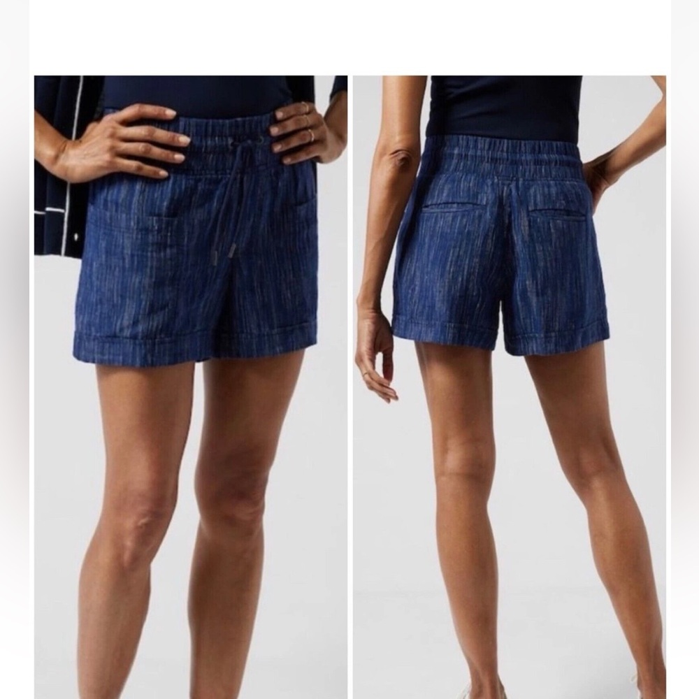 Athleta Cabo Linen Texture Shorts Blue Size 6 Pull On Summer Coastal EUC